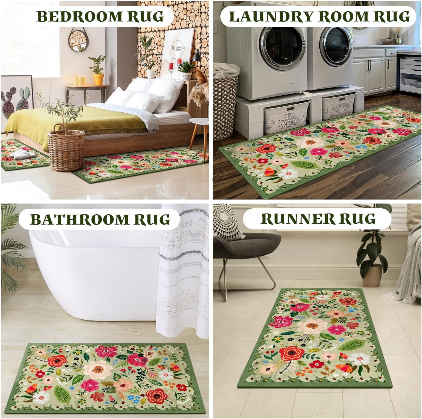 Kitchen Rugs and Mats Non Skid Washable Set of 2,Boho Floral Modern Farmhouse Bohemian Kitchen Runner Rugs with Rubber Backing for Kitchen Decor and Accessories (Green 17"x47"+17"x30")