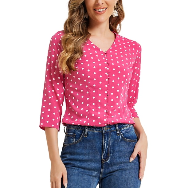 Blusa de mujer INSPIRE CHIC con cuello en V, mangas 3/4, estampado de lunares y corazones, botón frontal, color rosa intenso, talla S