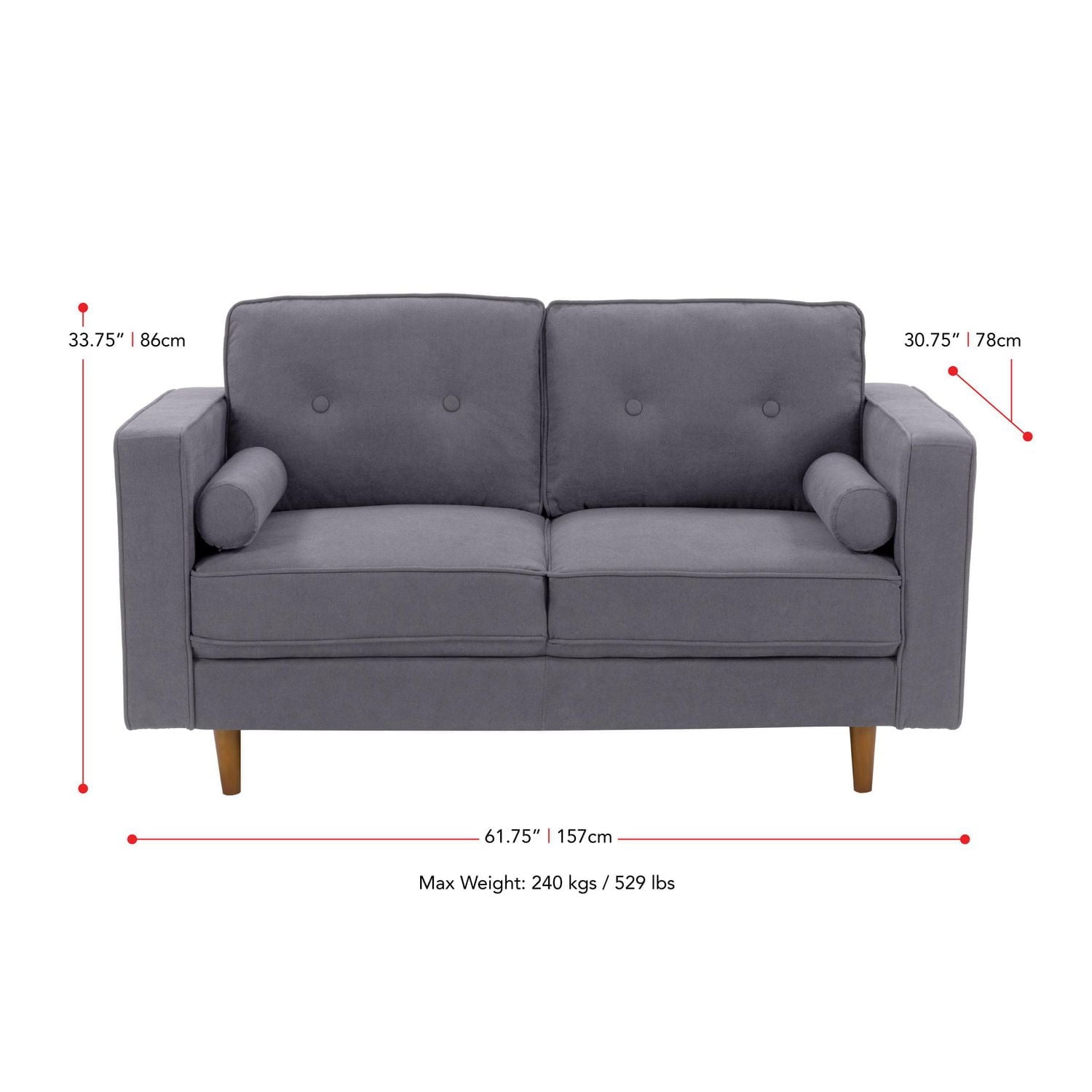 CorLiving Mulberry Fabric Upholstered Modern Indoor Loveseat with Tufted Back and Extra Bolster Cushions