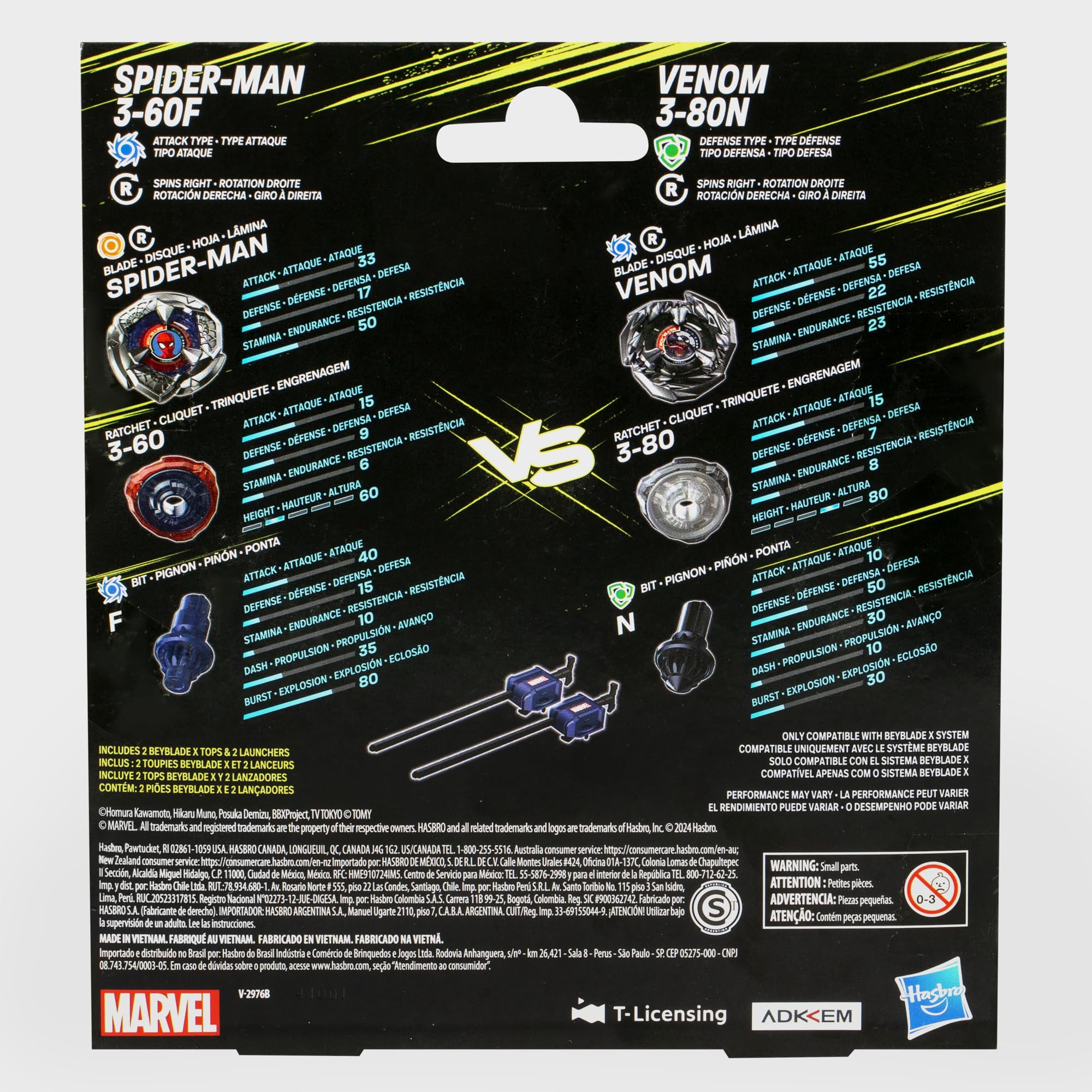 Beyblade X Marvel Collab Spider-Man 3-60F vs. Venom 3-80N Multipack Set, Includes 2 Right-Spin Tops & Launchers, Spinning Toys for Kids 8+, Boys and Girls
