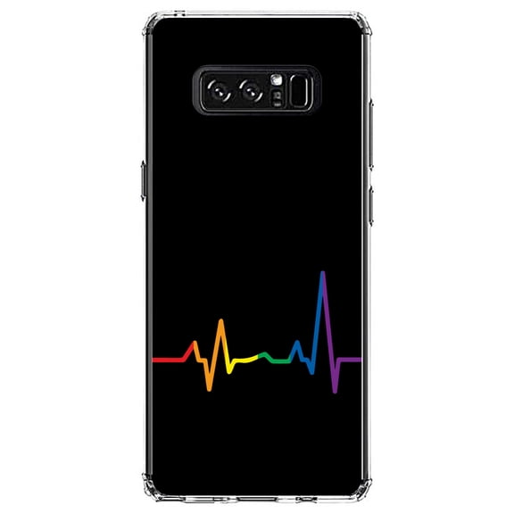 DistinctInk Clear Shockproof Hybrid Case for Samsung Galaxy Note 8 - TPU Bumper, Acrylic Back, Tempered Glass Screen Protector - Rainbow Pulse Heart Beat - LGBTQ Support