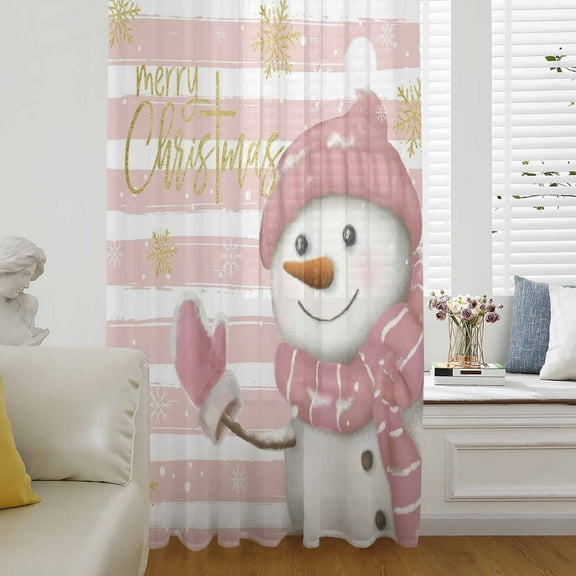 Pink Snowman Christmas Semi Sheer Curtains Drapes for Living Room, Bedroom, French Doors Window 84 Inches Long, Pink Striped Yellow Snowflake Rod Pocket Chiffon Curtain Drapery Voile Draperies Panel