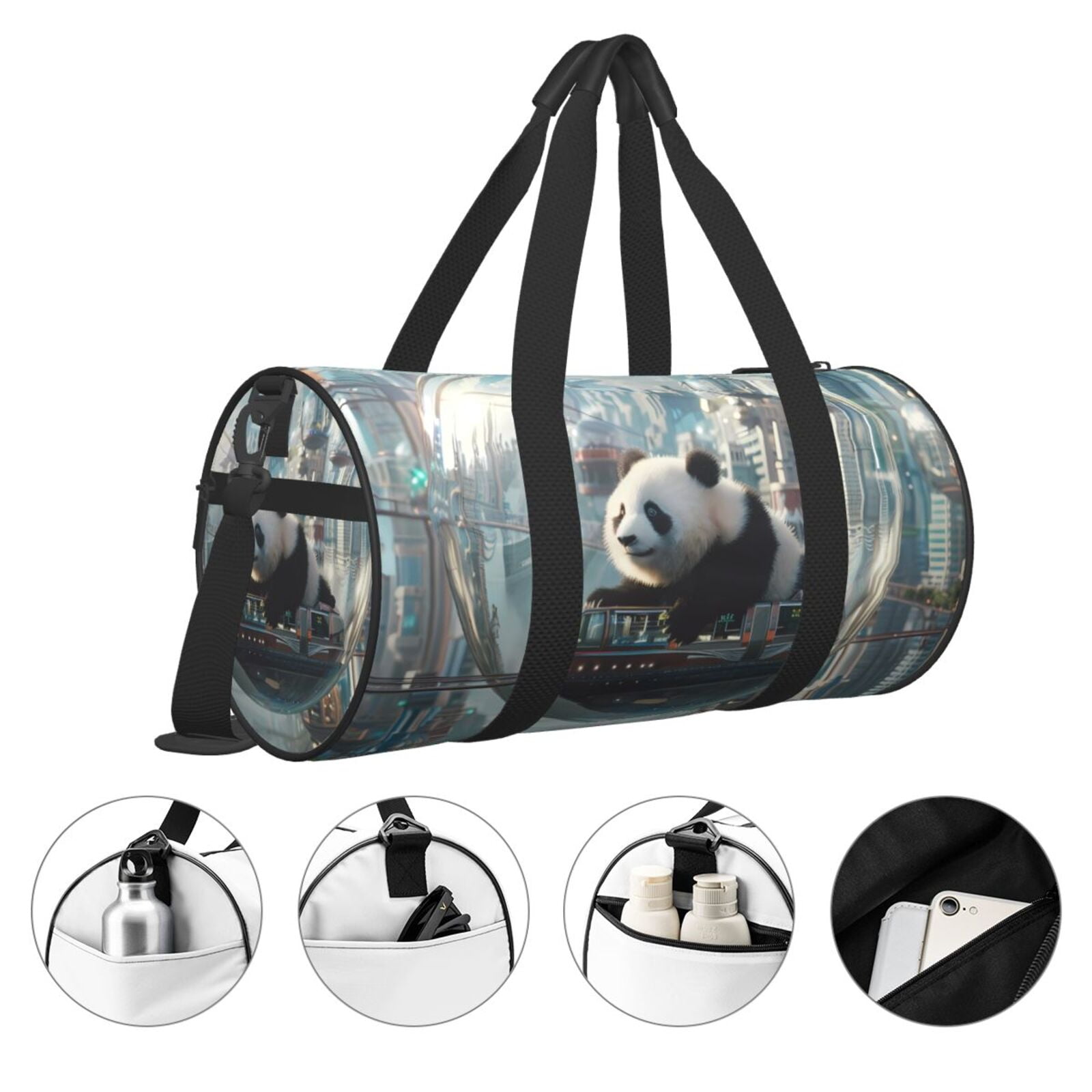 Vsdgher Panda In Futuristic City 45L Foldable Duffel Bag, Sports Gym Bag,Overnight Bag, Portable Weekender Bag for Airplanes