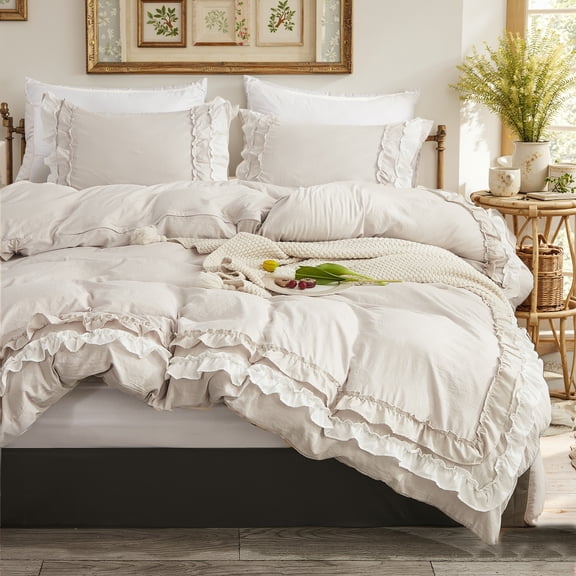 Boho Ruffled Comforter Set Super Soft Cozy Bedding Set with Pillowcases Elegant Chic Bedroom Decor Rustic Farmhouse Quilt Comforter 3 Pcs Set