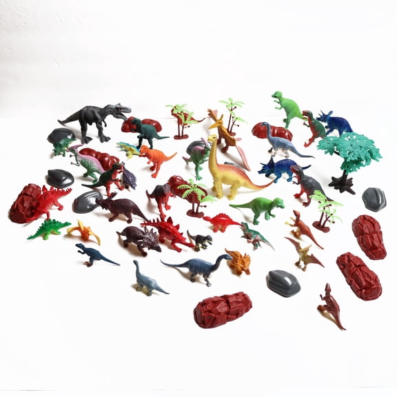 Dino Assorted Mini Dinosaur Figurines 55-Piece Set – Mixed-Size Dino Toys with Trees & Stone Accessories in Reusable Storage Jar