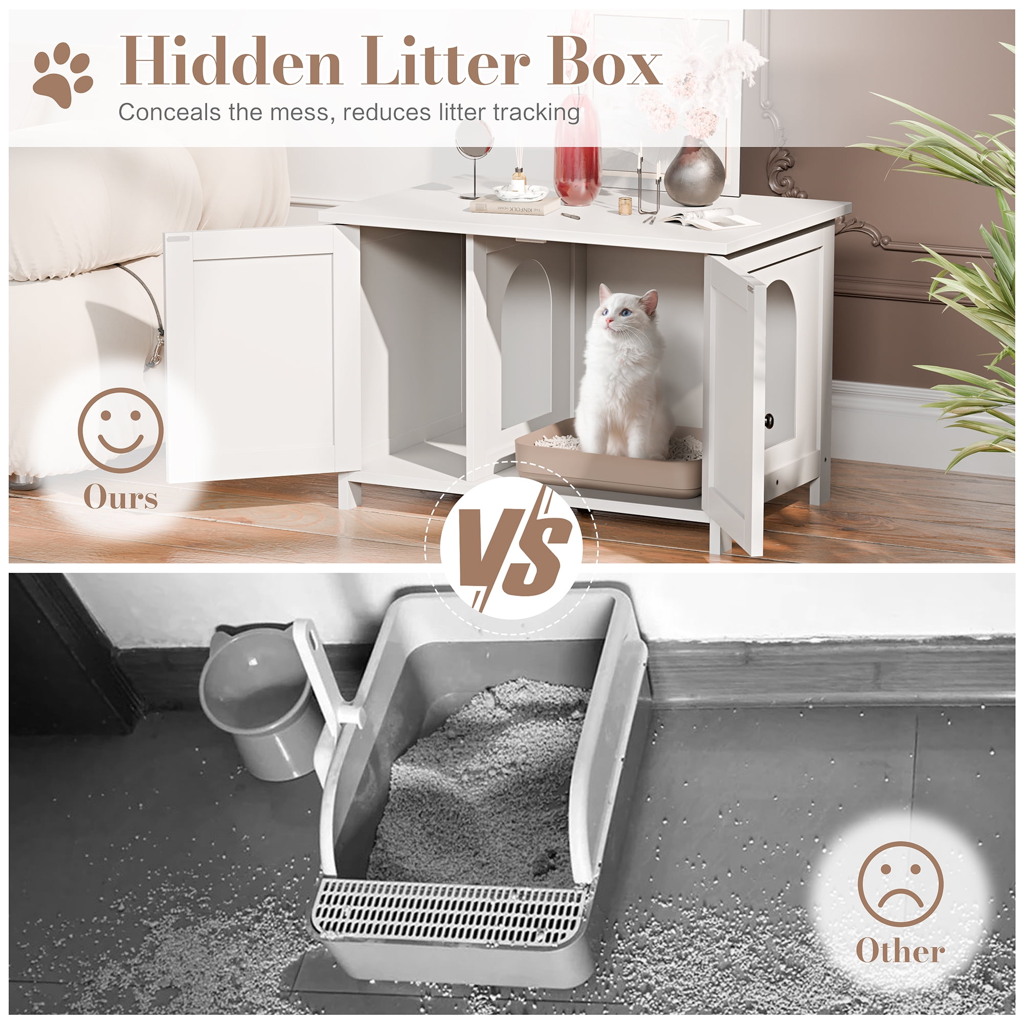 Walsunny Hidden Cat Litter Box Cat Washroom with Double Removable doors and Divider Indoor for Living Room White
