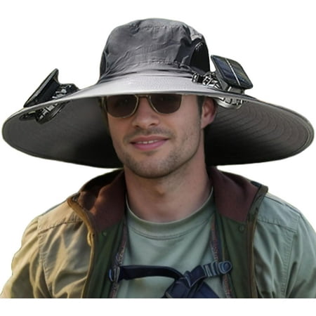 Men Sun Hat with 2 Solar Fan UPF 50+ Fishing Hats Wide Brim UV Protection Sun Hat USB Charging