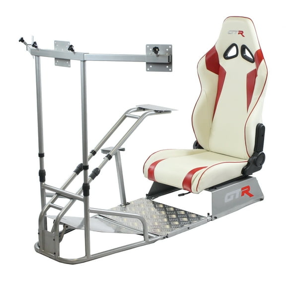 GTR Simulator GTSF Model Racing Simulator Cockpit Silver Frame wiht White/Red Seat