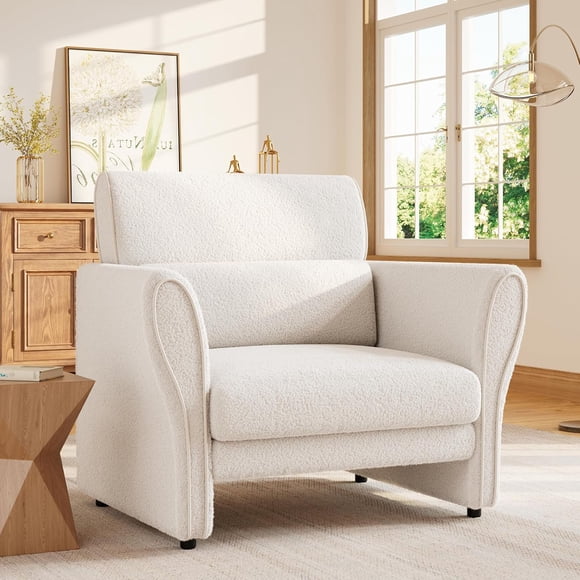 Bingirl Fauteuil d'Appoint Moderne en Bouclé - Rembourré en Peluche, Parfait pour le Salon, Couleur Beige