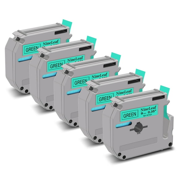 NineLeaf 5PK Compatible for Brother P-touch M-K721 M-K721s M721 3/8" 9mm Black on Green Label Maker Tape Refills for PT-45m PT-65 PT-70bm