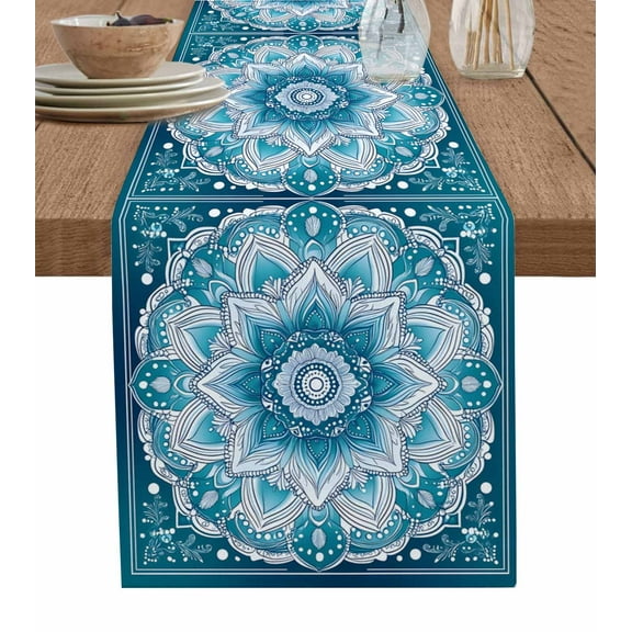 Teal Blue Boho Burlap Cotton Table Runner 16x72 Inches Long, Abstract Floral Ethnic Tribal Modern Farmhouse Table Runners, Outdoor Dining Tablecloths Decor for Baby Shower/Party/Wedding
