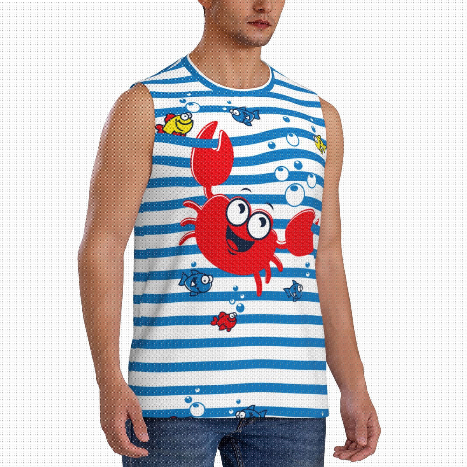 thumbnail image 2 of Disketp Red Funny Crab On Blue Stripe Sleeveless Tshirts For Men, Muscle Shirts For Men Dry Fit Tank Top-Large, 2 of 8