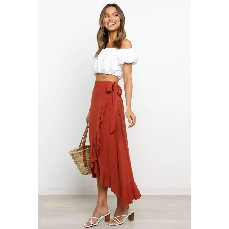 Wenseny Women s Satin Asymmetrical Long Wrap Skirts Ruffled Hem Midi Skirt Red L Walmart