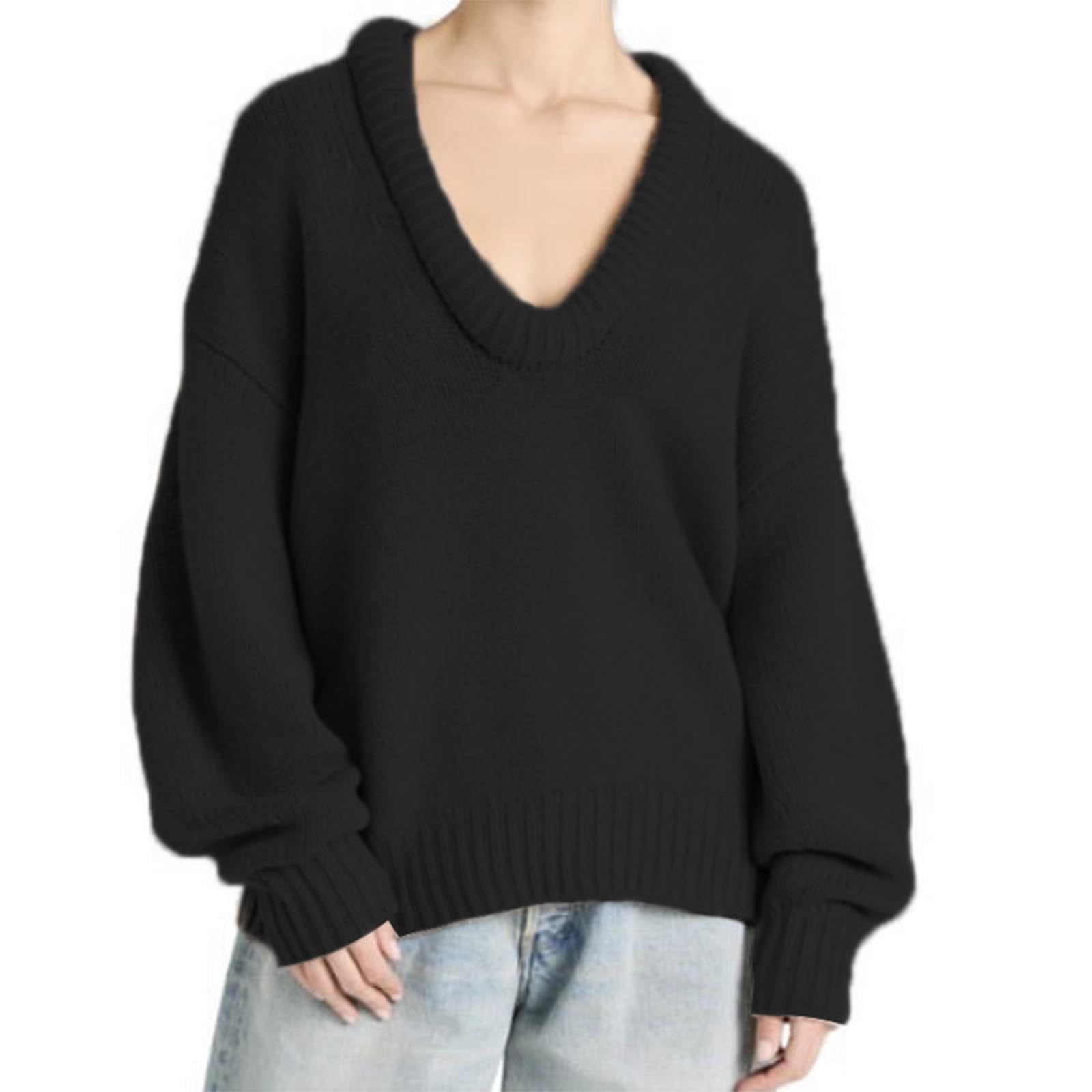 Olyvenn Women's Oversized Scoop Neck Pullover Sweater Long Sleeve Knitted Sweater Chunky Trendy Fall Winter Sweater Tops Black M