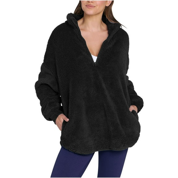 Penkiiy Womens Sherpa Fleece Oversized Half Zip Cropped Sweatshirt 2024 Fall Fashion 1/4 Zip Pullover Tops With Pocket 2XL Black