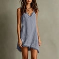 thumbnail image 6 of PRINxy Women's V Neck Spaghetti Strap Fringe Trim Cotton Linen Dress Asymmetric Hem Casual Short Dress for Summer Beach Vacation Gray XL, 6 of 9