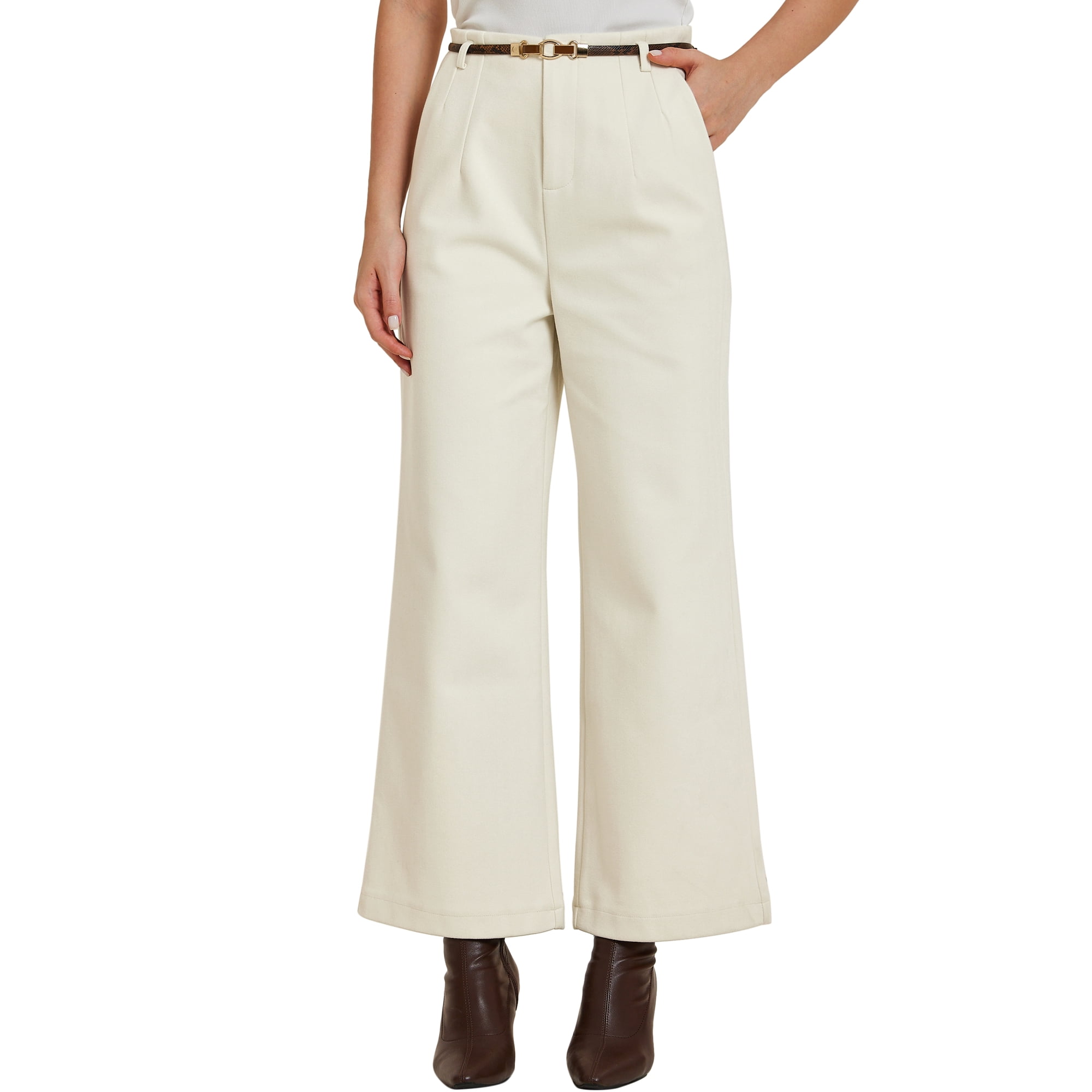 Unique Bargains Women s Pants Wool Blend High Waist Pockets Belt Zipper Fall Winter Business Casual Pants White M Walmart