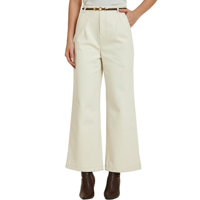 Pantalones de mujer INSPIRE CHIC mezcla de lana de cintura alta con bolsillos, cinturón y cremallera, pantalones de negocios informales de oto?o e invierno, color blanco, talla M