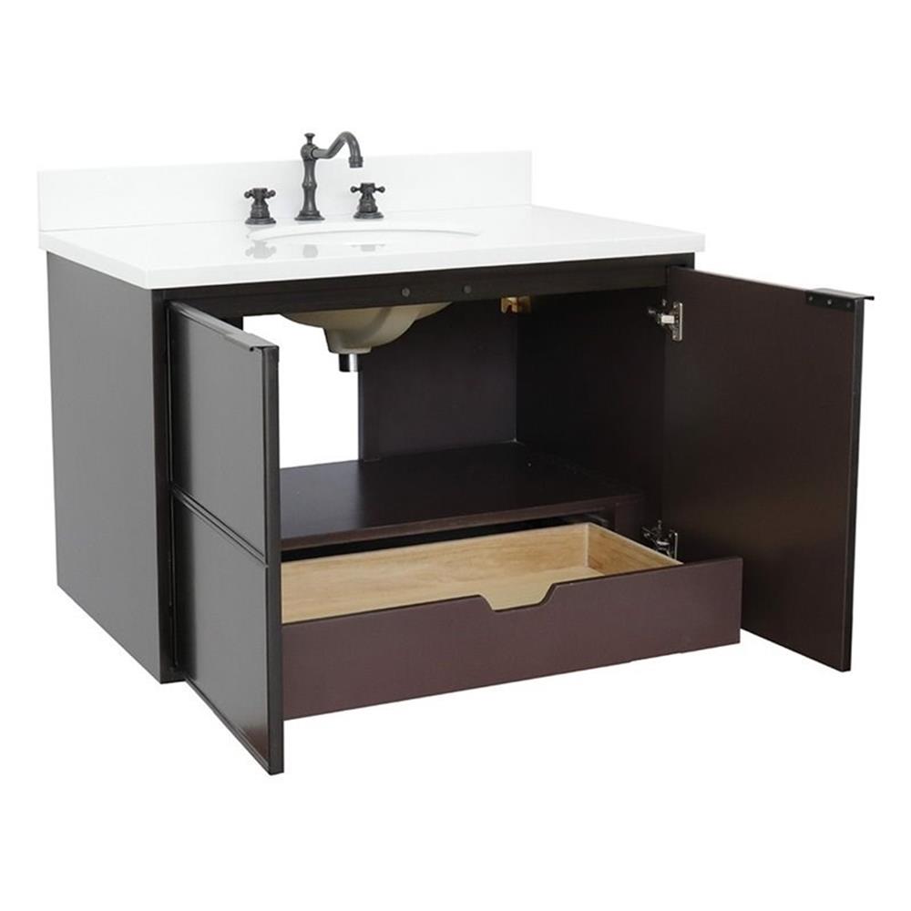 Bellaterra Home 37" Single wall mount vanity in Cappuccino finish top with White quartz and oval sink