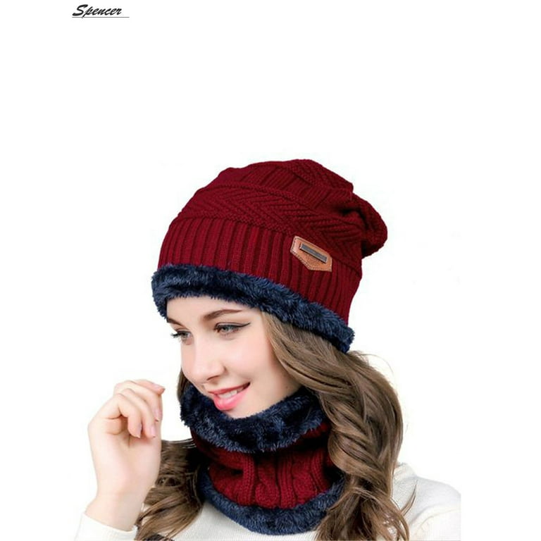 Spencer 2Pcs Winter Beanie Hat Scarf Set Lined Warm Knitted Hat Thick Skull  Cap for Men Women Red