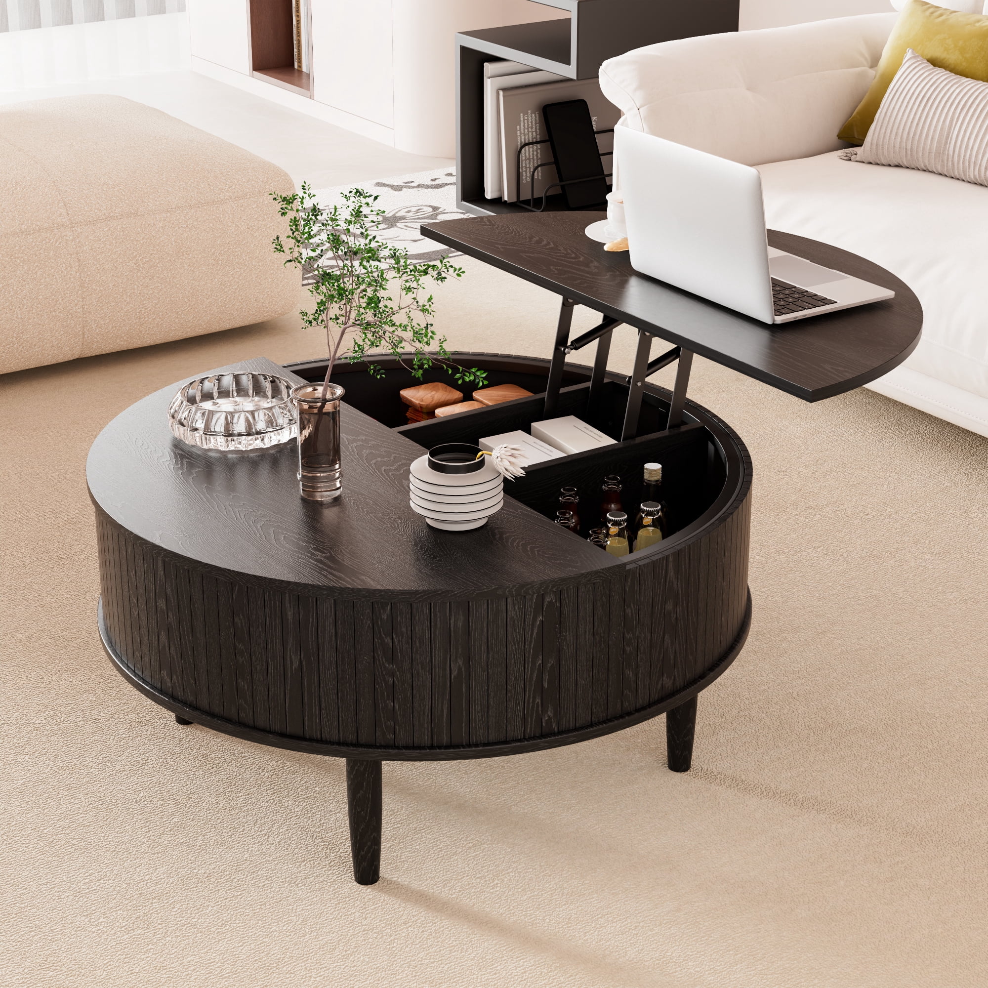 Round Lift Top Coffee Table with Storage, Center Table with Hidden Compartment, Circle Coffee Table for Living Room, Black