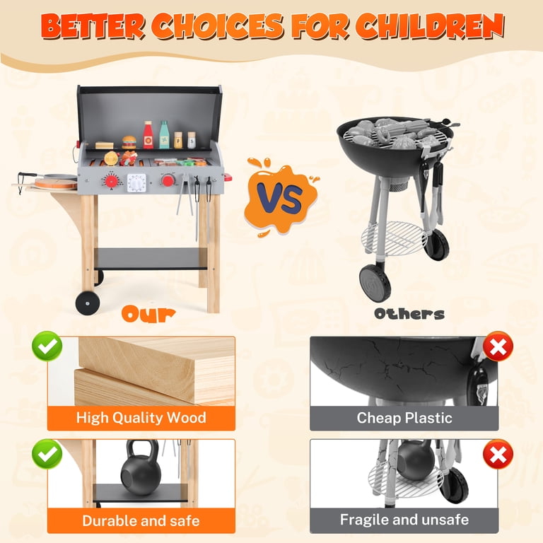 iYofe Wooden Play Kitchen for Toddlers 1-3, 52 PCS Kids BBQ Grill