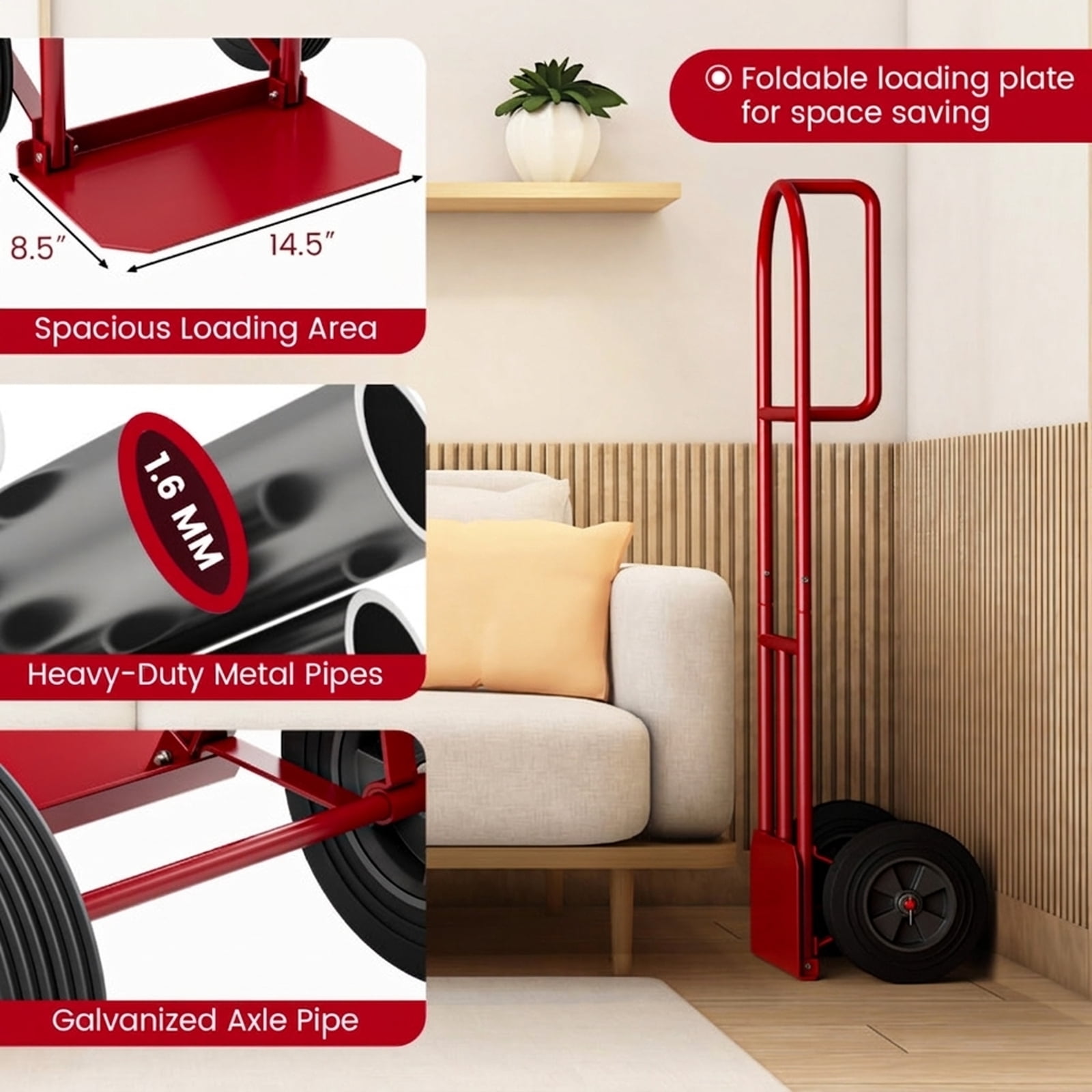 Biotree Hand Truck 660 lbs Capacity Sack Truck Dolly with 10 Inch Wheels and Foldable Toe Plate, Red