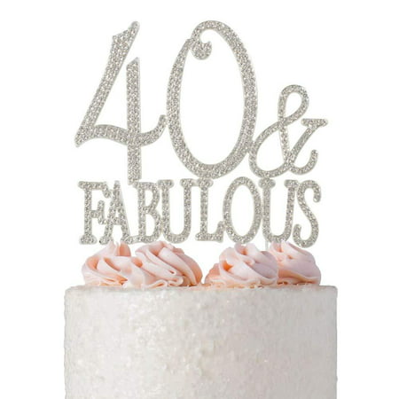 40 and Fabulous Rhinestone Cake Topper | Premium Sparkly Crystal Diamond Bling Gems | 40th Birthday Party Decoration Ideas | Quality Metal Alloy | Perfect Keepsake (40&Fab Silver) 40&Fab