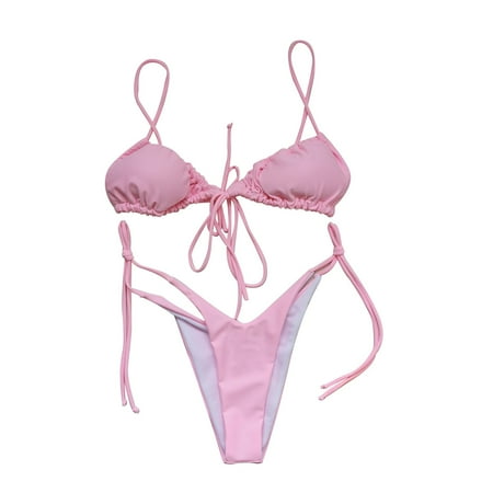 High Waisted Bikini Women s Two Piece High Cut Sets Halter Tie Side Thong Swimsuit String Sexy Triangle Bikini Bikini Sets for Women Pink