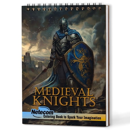 Netecom Medieval Knights Coloring Book for Adults, A5 Wooden Cover, 30 Heroic Coloring Pages of Medieval Knights Warfare for Stress Relief and Relaxation, Spiral Bound Edition