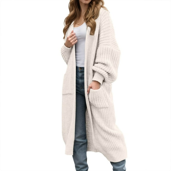 Ediodpoh Long Knit Sweater Coat with Pockets Oversized Sleeve Open Front Cardigan for Autumn Winter Fashion Casual Warm Outwear Cardigan Sweaters for Women White XL