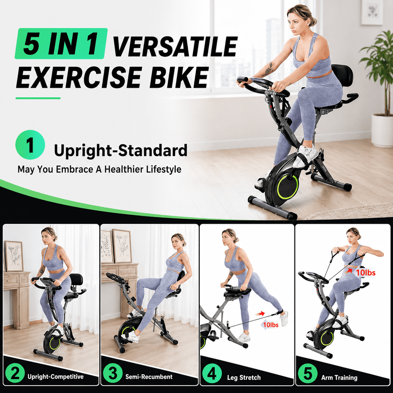 USLIM 5-in-1 Foldable Exercise Bike for Small Apartments, Stationary Bikes with 16-Level Magnetic Resistance, Arm Bands, 300 lbs Capacity