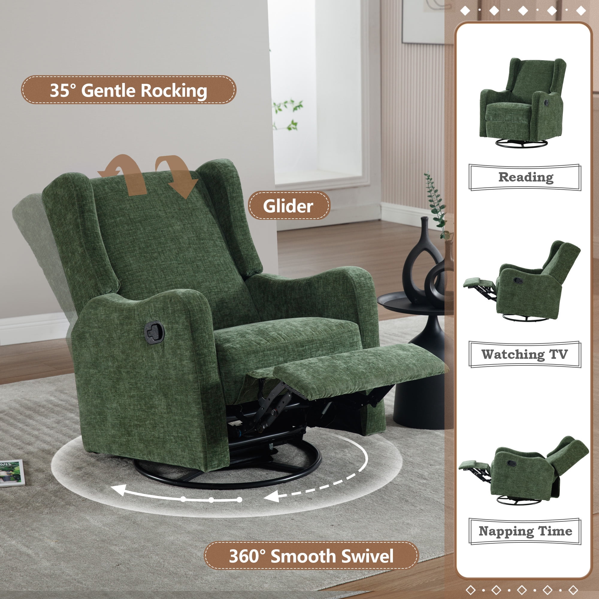 Lunale Swivel Glider Rocking Chair for Nursery, Wingback Upholstered Glider Rocker for Living Room, Green Chenille Fabric