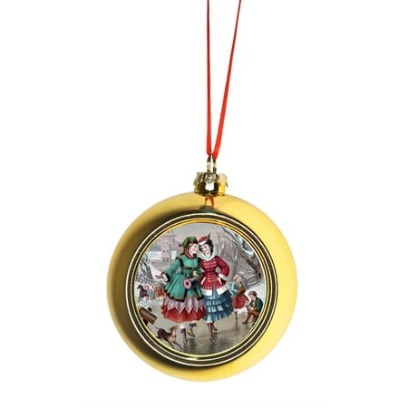 Christmas Village Ornaments Ornaments Vintage Style Village Girls Ice Skating on the Lake Christmas Painting Bauble Christmas Ornaments Gold Bauble Tree Decoration ()