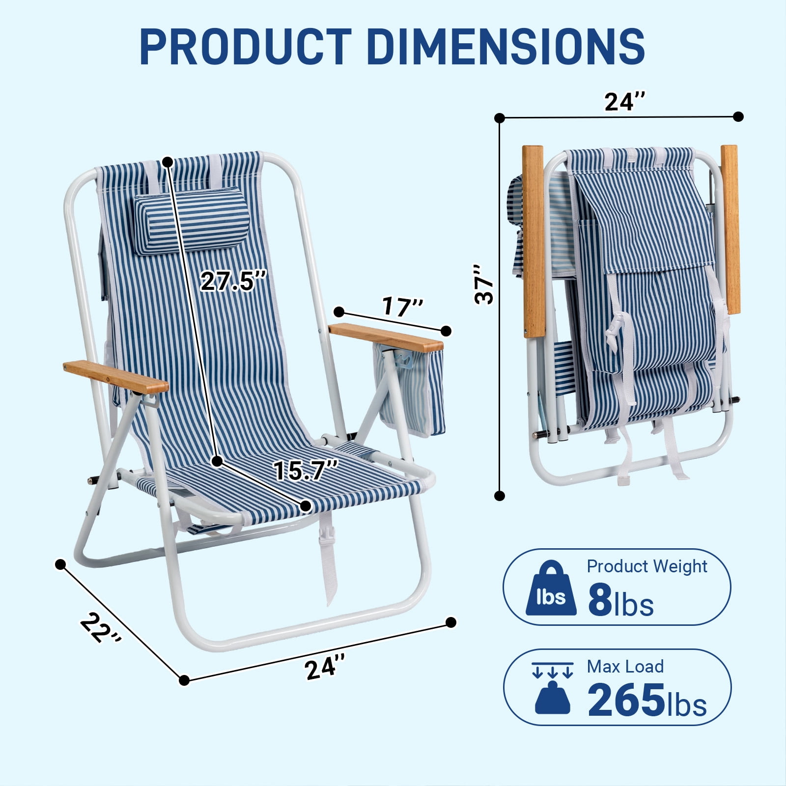 4-Position Adjustable Backpack Beach Chair, Foldable Rustproof Aluminum Frame Lounge Chair with Wooden Armrest, Side Storage Pockets & Detachable Pillow, 24"x22"x37"