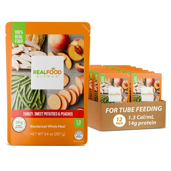 Real Food Blends Turkey, Sweet Potatoes & Peaches - Pureed Food Meals for Tube Feeding with Protein, Vegetables & Fruits - 320 Calories for Lunch & Dinner - 9.4 oz (Pack of 12)