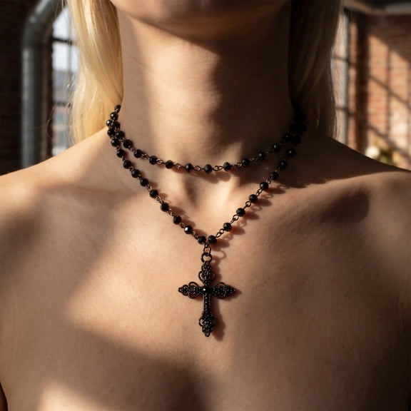 Gothic Layered Cross Choker Necklace for Women, Black Bead Emo Grunge Style, Adjustable Trendy Costume Jewelry, Holiday Party Gift