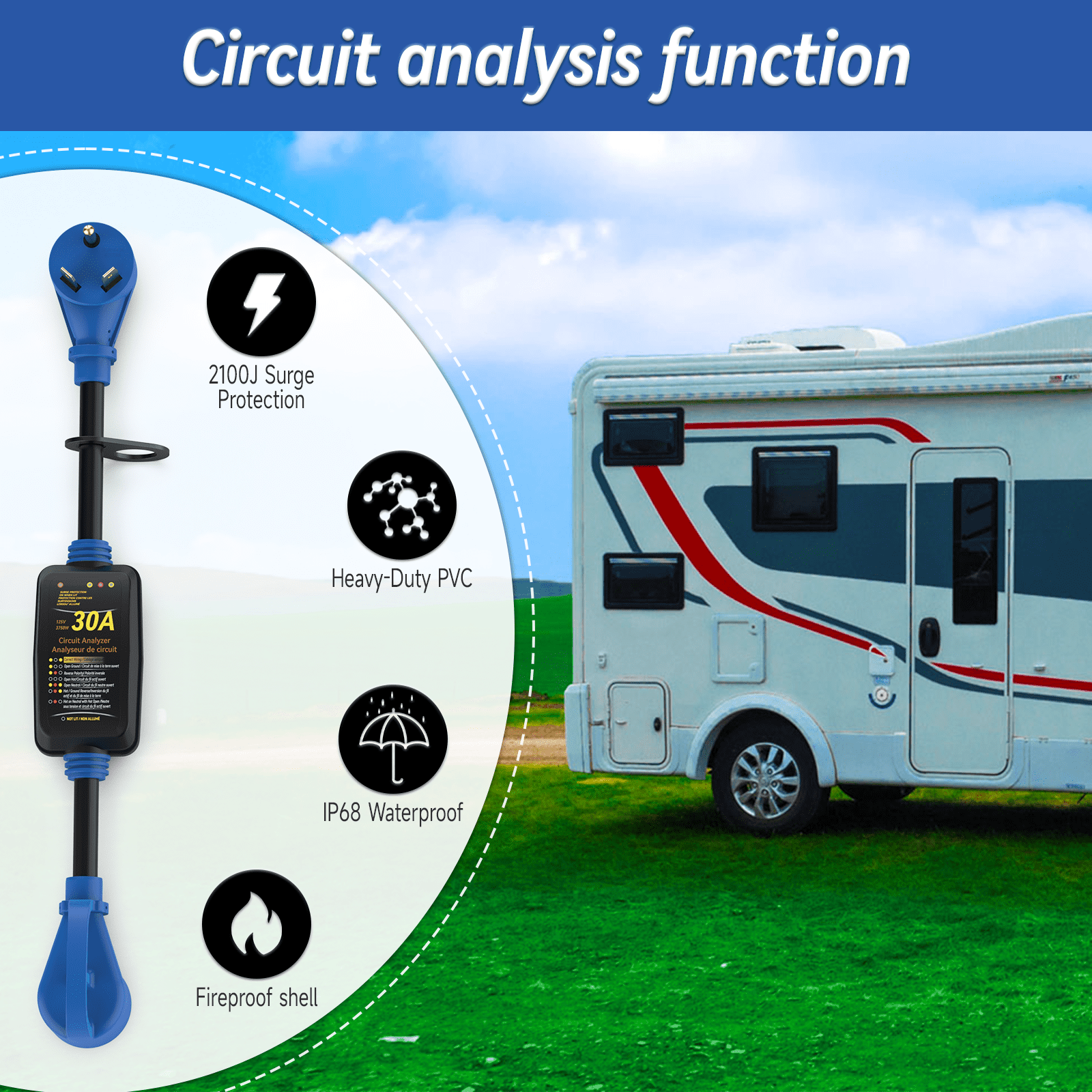 HFLRZZ RV Surge Protector 30 Amp with Grip Handles, Smart Circuit Analyzer Power Guard for RV, Camper, Trailer, Truck, Motorboat, Yacht, Mobilhome with Blue LED Indicator Light