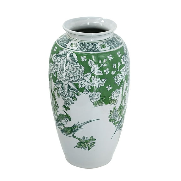 A&B Home Green and White Botanical Bird Porcelain Vase 7.5" x 7.5" x 14.6"