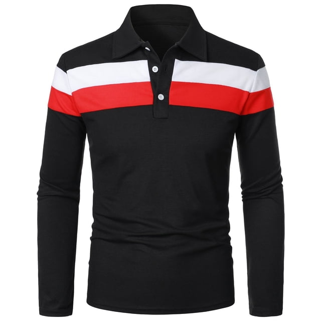 SOMOWI Mens T-Shirts Patchwork Splicing Button Turn Down Long Sleeve Black Fall Tops Trendy M