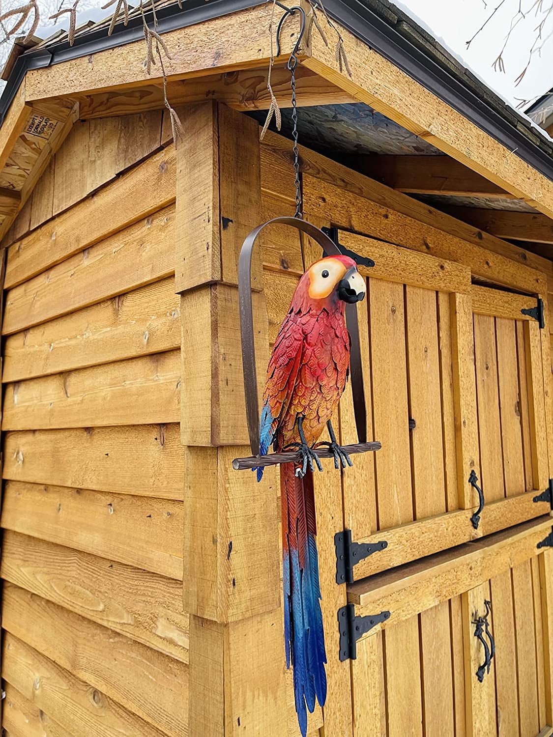 Hanging Whimsical Rustic Metal Swinging Macaw Parrot Tropical Bird On Chain Yard Garden Art