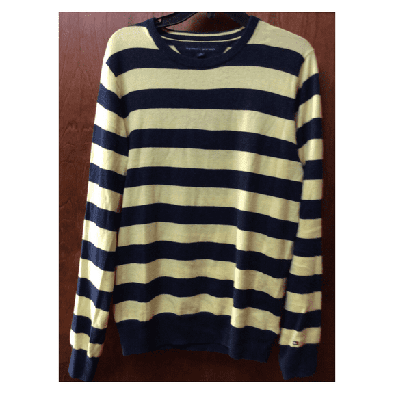 Tommy Hilfiger Men's Cotton Yellow/Navy Striped Crew Neck Sweater, Large