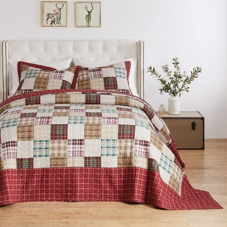 Greenland Home Fashions Oxford Cotton Bedspread Set Reversibe Jumbo Sized 3-Piece King Red