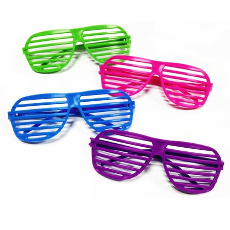 Novelty Place [Neon Color] 80's Party Shutter Glasses Slotted Shading Toy Sunglasses for Kids & Adults - 4 Colors (12 Pairs)