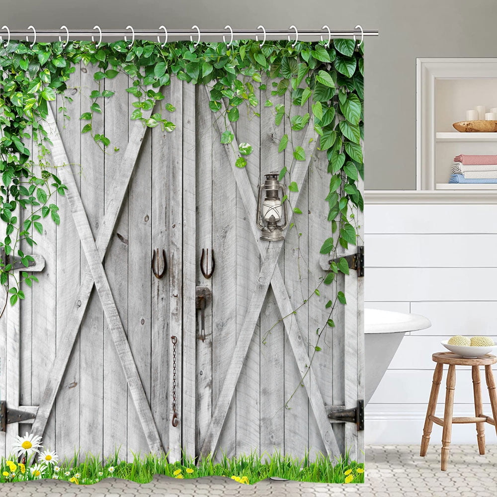 Vintage Rustic Shower Curtain, Farmhouse Gray Barn Door Bathroom Shower
