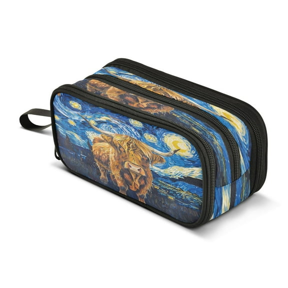 ALAZA Highland Cattle in Starry Night Pencil Case Bag 3 Compartment Pen Pouch Large Storage Holder Box Organizer