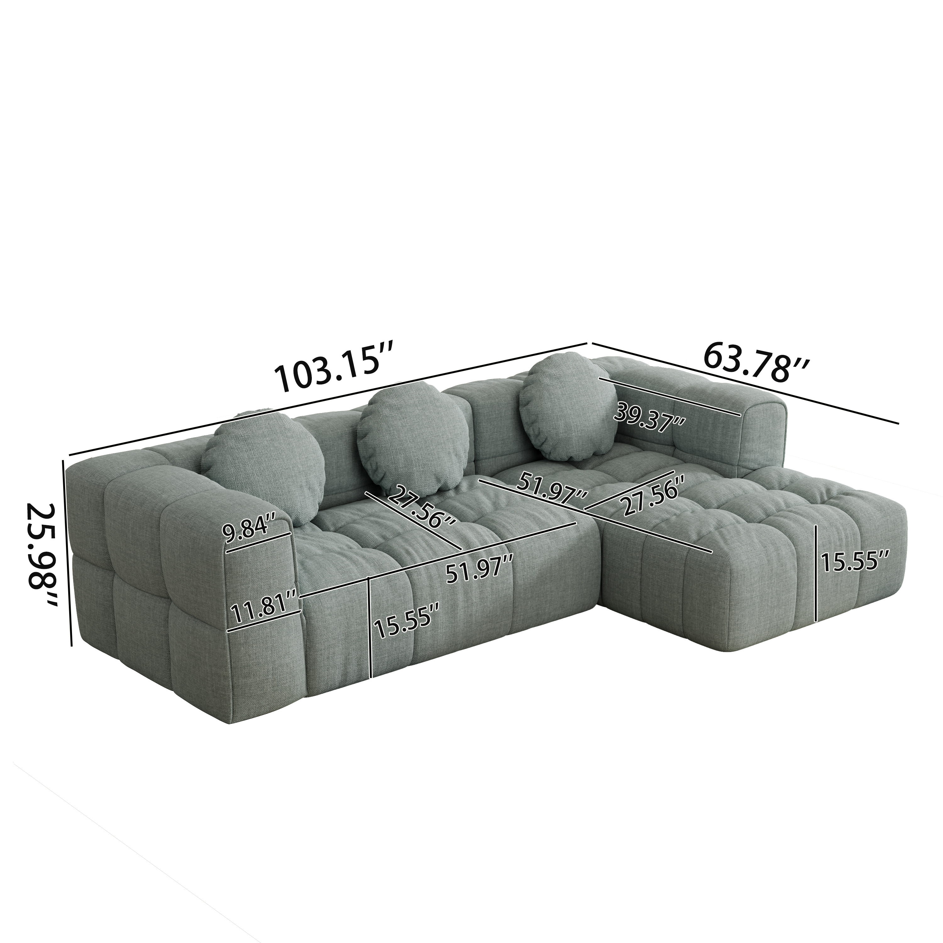 103"Compressed Sofa, Modular Sectional Sofa with Pillows and Right Side Recliner, L Shape Sofa for Living Room, Free Combination, Couch in a Box, No Assembly, Blue Gray