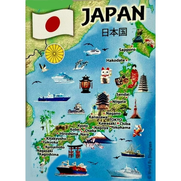 Japan Graphic Map and Attractions Souvenir Fridge Magnet 2.5" X 3.5"