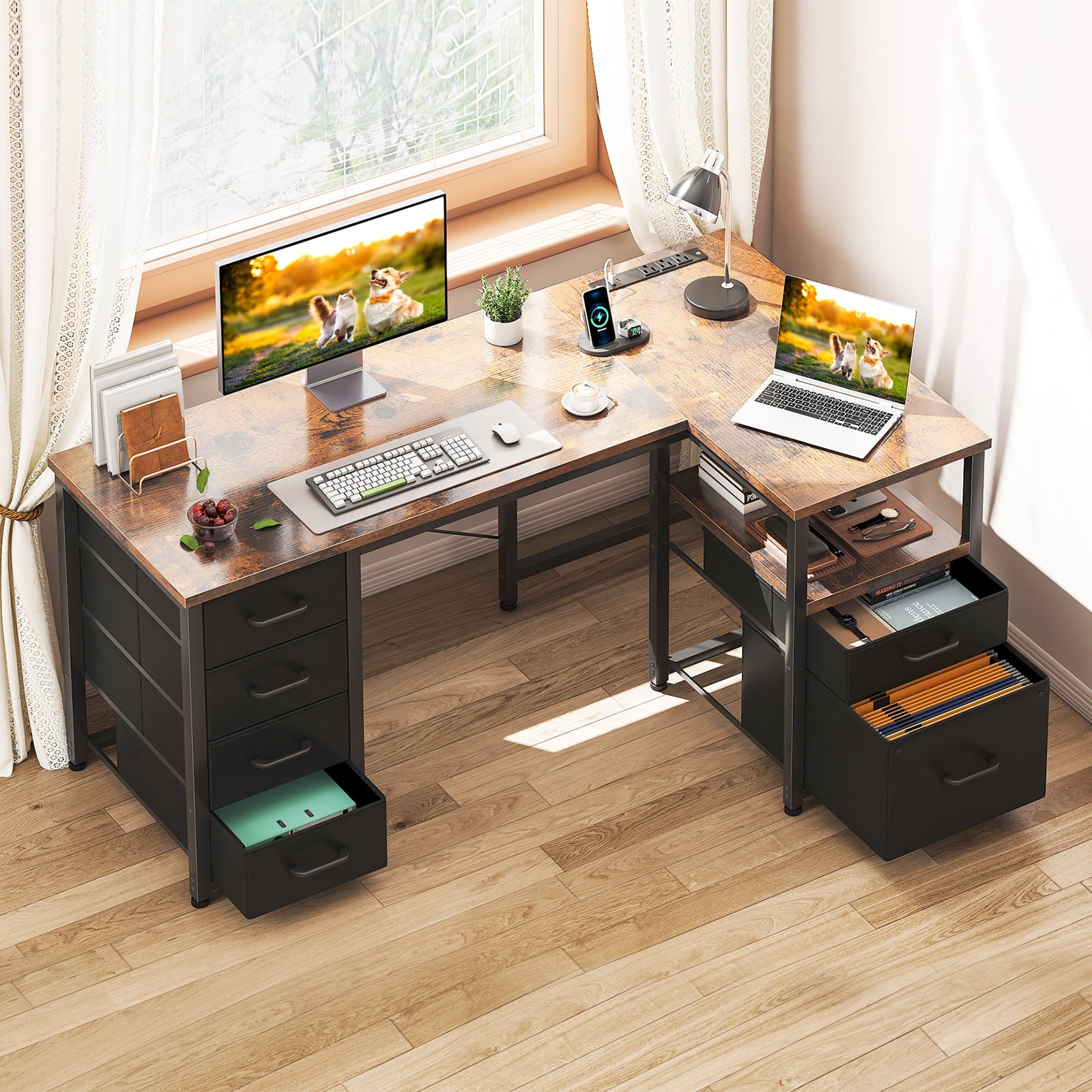 Casacomoda 55 inch Computer Desk with 5 Drawers and File Cabinet for Storage, Office Desk with Storage Shelf & Power Outlets, Home Office Desks, Vintage