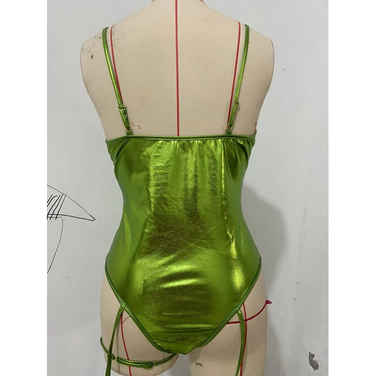 Gaiseeis Women's Ladies Fashion Sexy Patent Leather Bodysuit Backless  One-piece Lingerie Green XXL